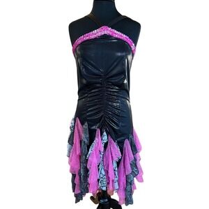 Black Pink Metallic Midi Ruffle Dress Dancewear Whimsygoth Sequin Halter Large